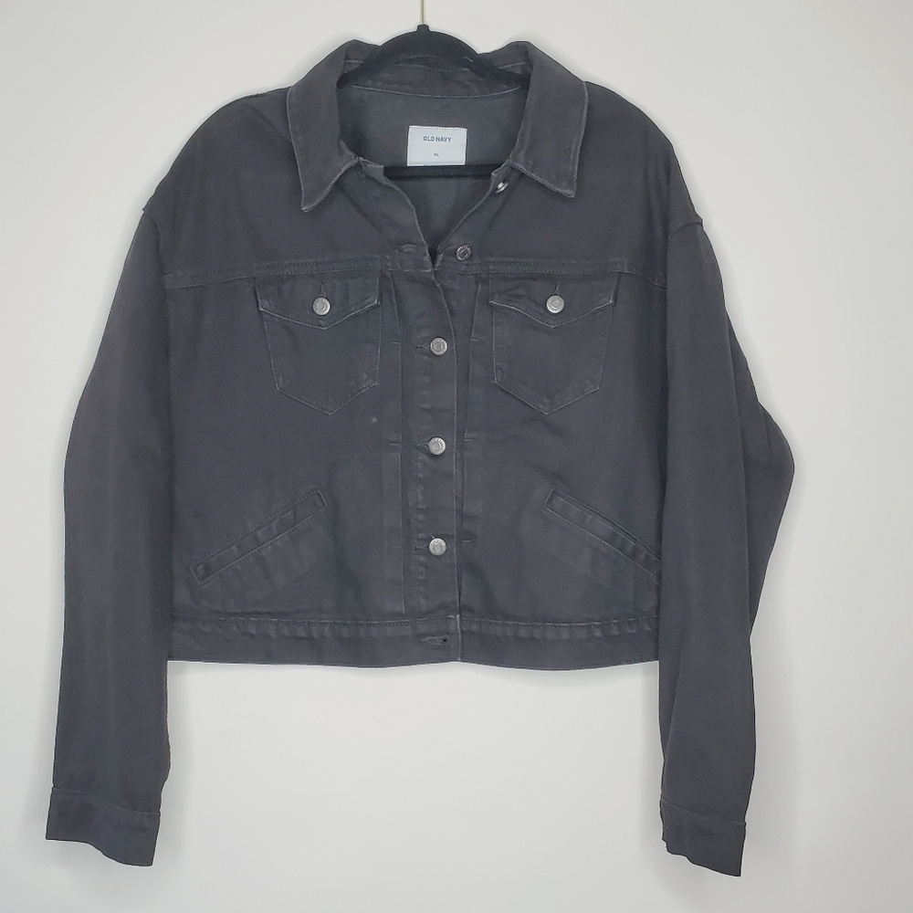 Old Navy Cropped Jean Jacket Women's Size XL‎ Button Front Black Denim Grunge